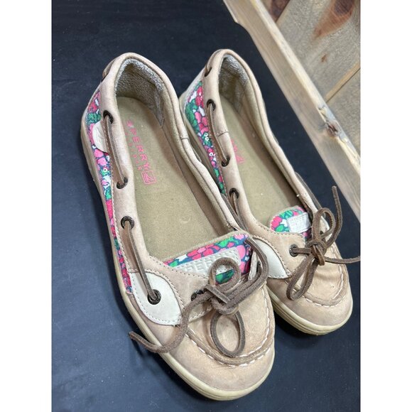 Sperry Top-Sider Girls Boat Shoes Size 4M Tan With Pink Floral Pattern Leather & - Picture 2 of 10